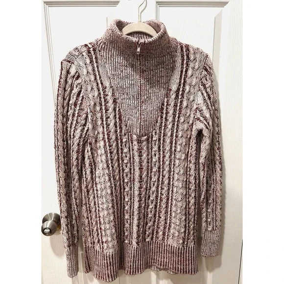 Soft Surroundings Tunic 1/4 Zip Sweater Cableknit Sm Cottagecore Pink/Red/Cream - Picture 2 of 9